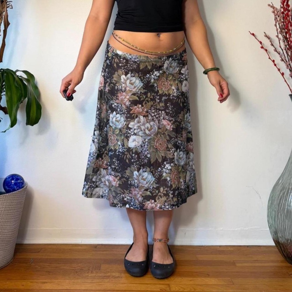 Vintage 90s Sheer Floral Midi Skirt Grey Brown Green Whimsygoth Style 2552 Sz 12